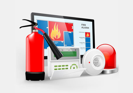 Illustrazione con estintore rosso, rilevatore di fumo bianco, lampeggiante, tastierino e monitor con scritta FIRE ALARM
